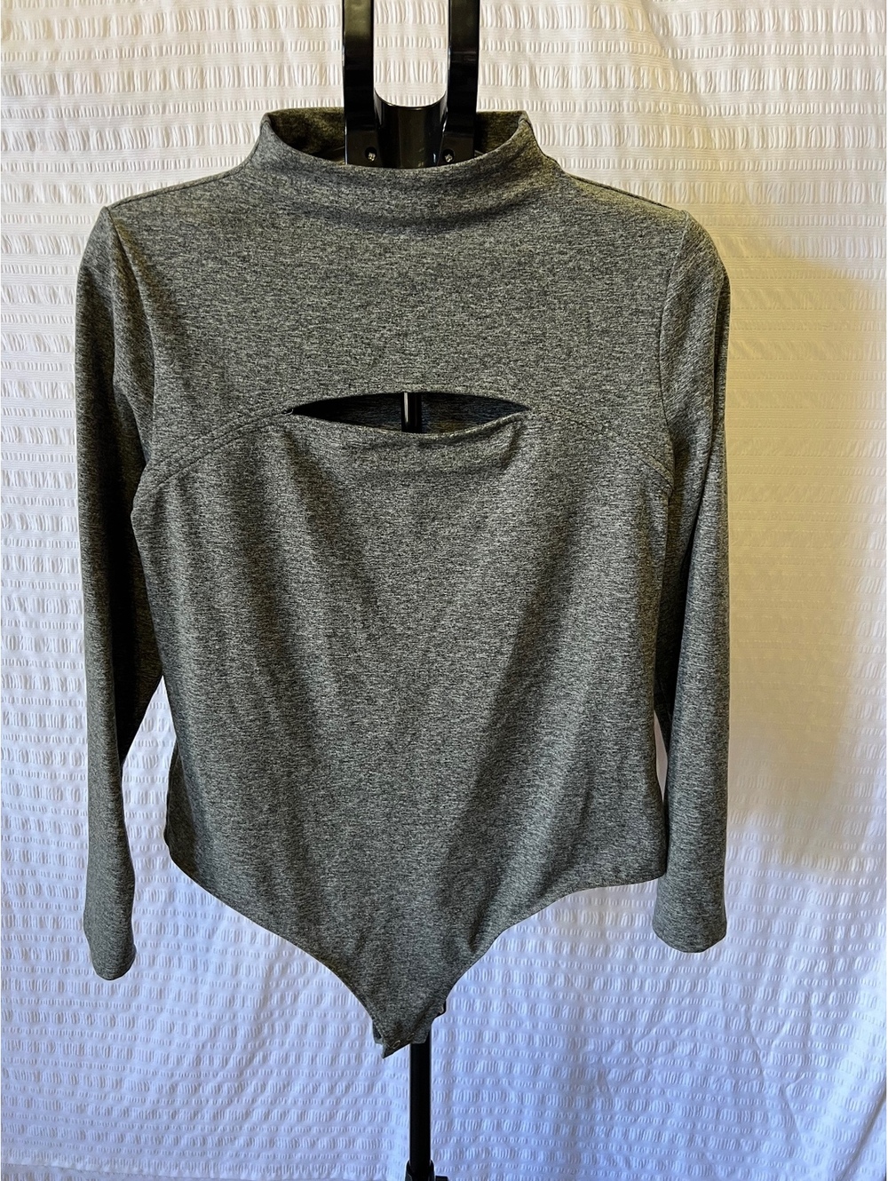 Express Body Contour Bodysuit XL Gray Charcoal Long Sleeve High Neck Cutout